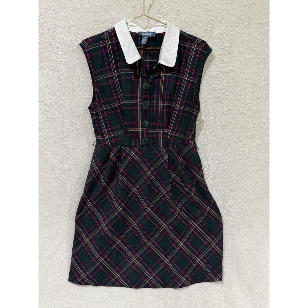 Modcloth Collared Plaid Sleeveless Dress Sz 10 Green Preppy School Missing Belt